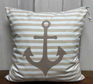 1 Maritime Kissenhülle, Kissenbezug, Landhausstil Kissenhüllen, Dekokissen *Anker* beige/weiß gestreift