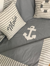 Load image into Gallery viewer, Maritime patchwork blanket, bedspread, children's blanket, bed throw 130cm x 200cm grey/white
