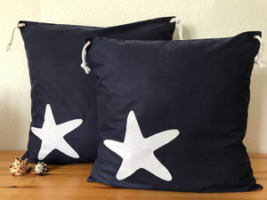 1x Maritime Kissenhülle, Kissenbezug,Landhausstil Kissen,Marine Kissen, Dekokissen, Seestern. blau/weiß