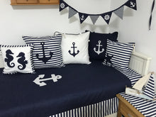 Load image into Gallery viewer, Maritime patchwork blanket, bedspread, children's blanket, bed throw 130cm x 200cm blue/white stripes
