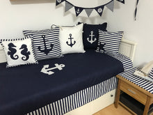 Load image into Gallery viewer, Maritime patchwork blanket, bedspread, children's blanket, bed throw 130cm x 200cm blue/white stripes
