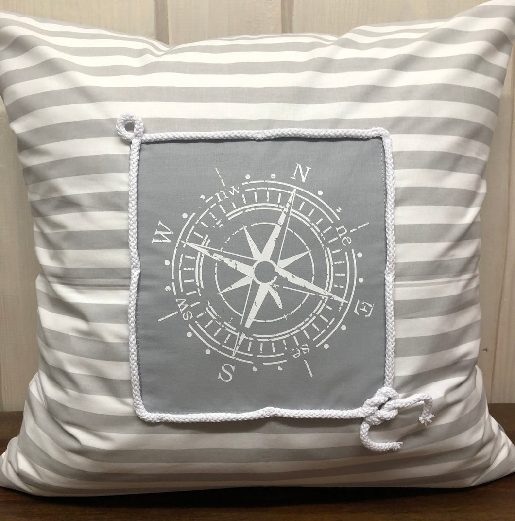 Maritime Kissenhülle, Kissenbezug, Landhausstil Kissen * Kompass * grau/weiß
