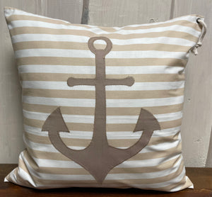 1 Maritime Kissenhülle, Kissenbezug, Landhausstil Kissenhüllen, Dekokissen *Anker* beige/weiß gestreift