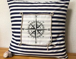 1x Maritime Kissenhülle, Kissenbezug, Landhausstil Kissen, Dekokissen Kompass blau/weiß