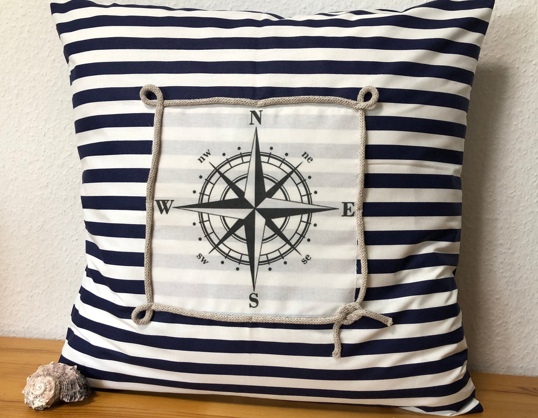 1x Maritime Kissenhülle, Kissenbezug, Landhausstil Kissen, Dekokissen Kompass blau/weiß