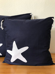 1x Maritime Kissenhülle, Kissenbezug,Landhausstil Kissen,Marine Kissen, Dekokissen, Seestern. blau/weiß