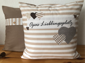 Landhausstil Kissenhülle * Kissenbezug * Dekokissen beige/weiß * Opas Lieblingsplatz *beige/weiß