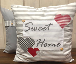 Landhausstil Kissenhülle * Kissenbezug * Dekokissen * Sweet Home * grau/weiß mit roten Herzen