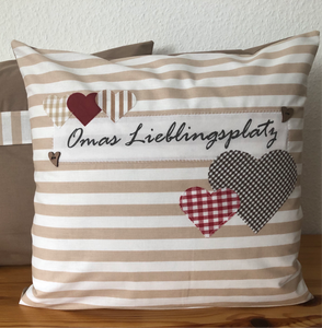 Landhausstil Kissenhülle * Kissenbezug * Dekokissen beige/weiß * Omas Lieblingsplatz *beige/weiß
