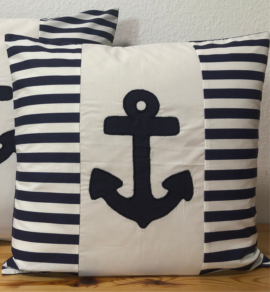 1 Maritime Kissenhülle, Kissenbezug,Landhausstil Kissen Anker weiß/blau