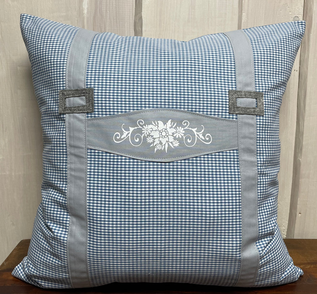 1x Landhausstil Kissenhülle * Kissenbezug * Bauernstube Dekokissen * Hosenträger * blau/grau