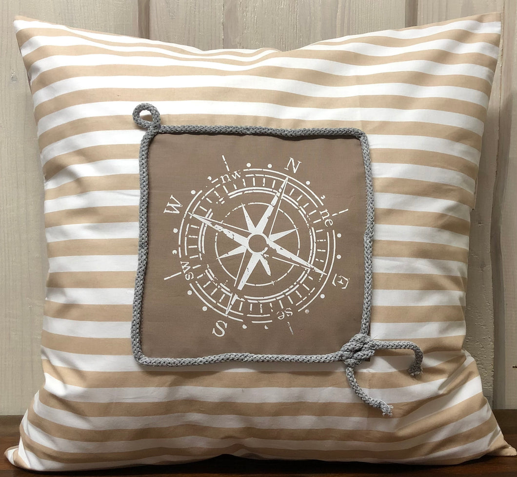 Maritime Kissenhülle, Kissenbezug, Landhausstil Kissen * Kompass * beige/weiß