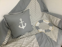 Load image into Gallery viewer, Maritime patchwork blanket, bedspread, children's blanket, bed throw 130cm x 200cm grey/white
