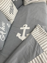 Load image into Gallery viewer, Maritime patchwork blanket, bedspread, children's blanket, bed throw 130cm x 200cm grey/white
