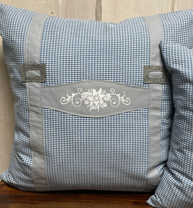 1x Landhausstil Kissenhülle * Kissenbezug * Bauernstube Dekokissen * Hosenträger * blau/grau