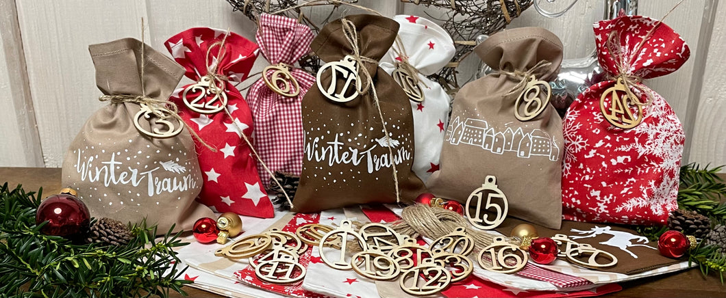 Adventskalender,Landhausstil Adventskalender zum befüllen, 24 Säckchen zum Advent , Adventskalender Zahlen aus Holz, rot/beige/braun