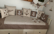 Load image into Gallery viewer, Maritime patchwork blanket, bedspread, children's blanket, bed throw 130cm x 200cm beige/white striped
