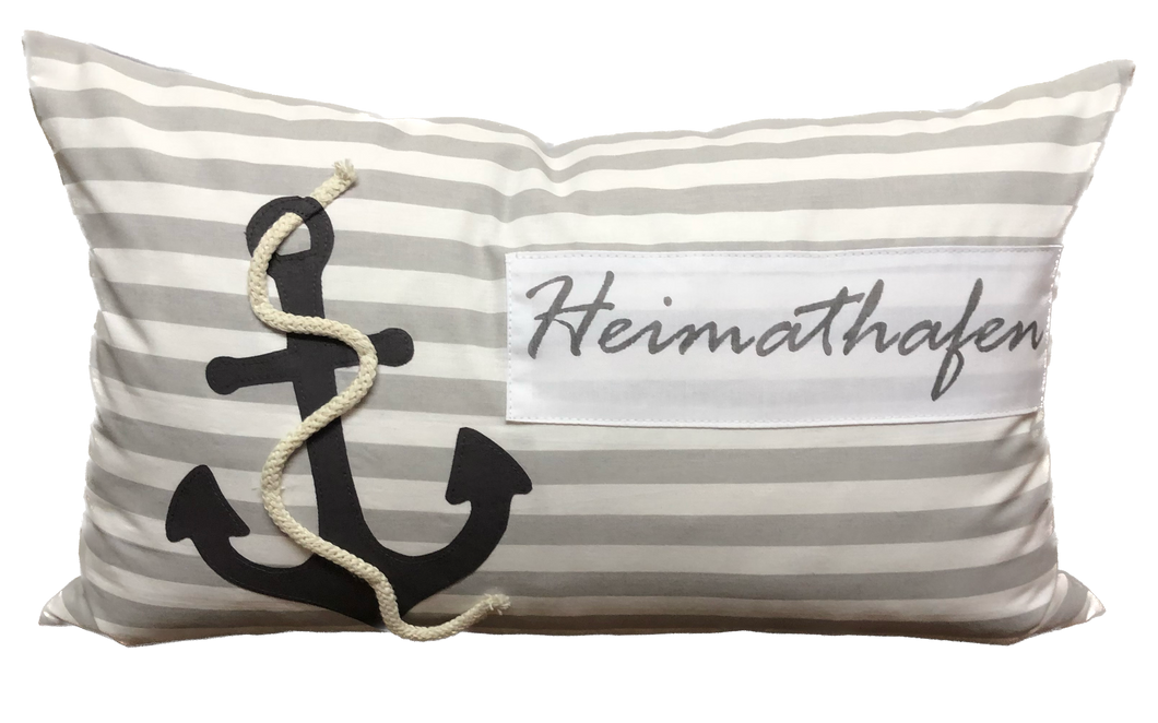 Maritime Kissenhülle, Landhausstil Kissenbezug * Heimathafen * grau/weiß 30x50cm.