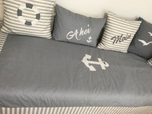 Load image into Gallery viewer, Maritime patchwork blanket, bedspread, children's blanket, bed throw 130cm x 200cm grey/white
