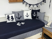 Load image into Gallery viewer, Maritime patchwork blanket, bedspread, children's blanket, bed throw 130cm x 200cm blue/white stripes
